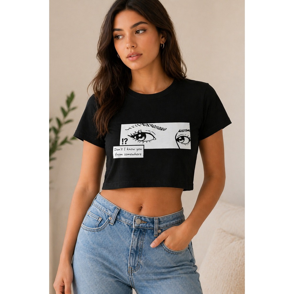 ZAFUL Womens Black Anime Eyes Graphic Crop Top Short Sleeve Cotton Tee Size L